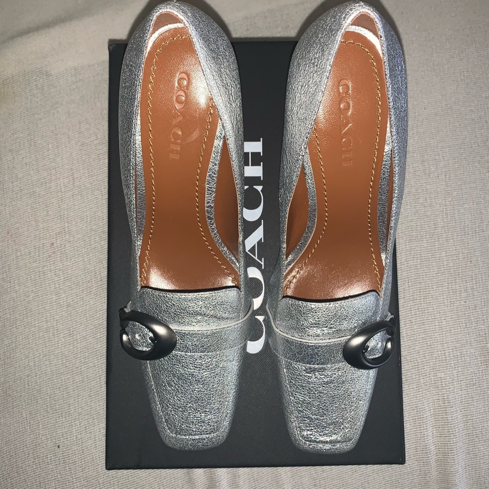 Silver textured leather chunky heels